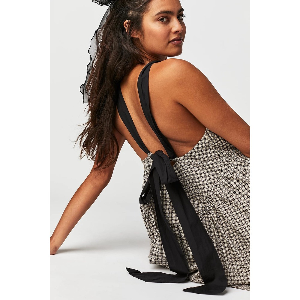 Free People Womens Small Black Beige Geometric Pinafore Midi Dress OB100041555
